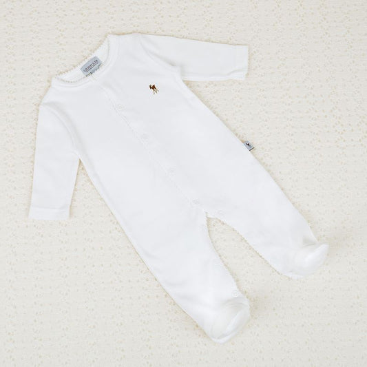 Luxury white baby sleepsuit with fawn motif and  picot edge 