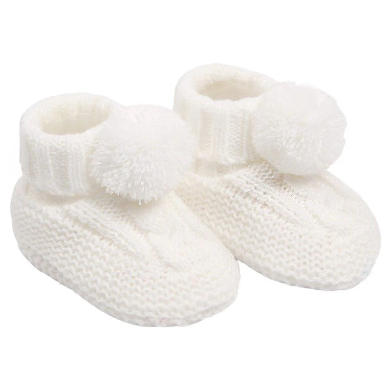 white lines cable knit baby booties with pompom