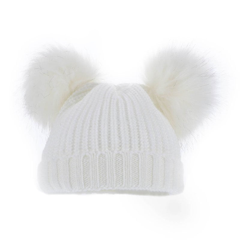 white ribbed fluffy double pom pom hat