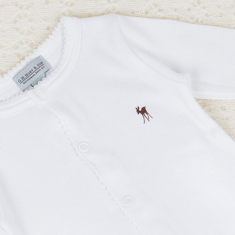 Luxury white baby sleepsuit with fawn motif and picot edge