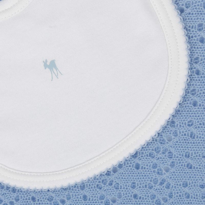 Luxury white bib with blue picot edging and fawn motif
