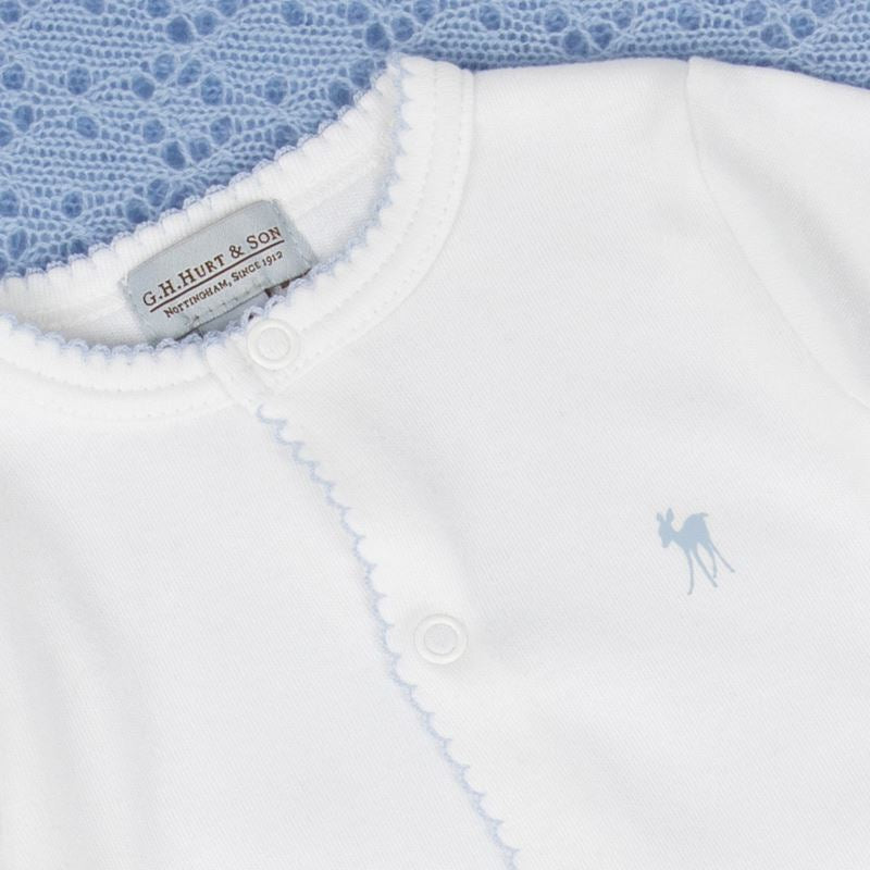 luxury baby sleepsuit in white with fawn logo and blue picot edging