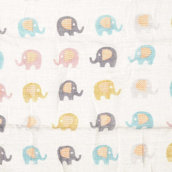 White muslin swaddle with pink and blue elephant