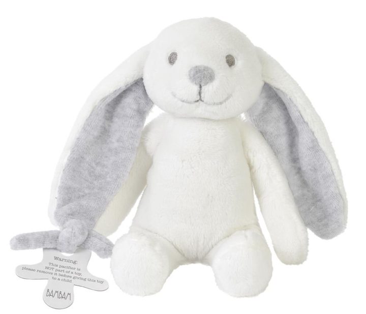 White rabbit with grey ears in a gift box