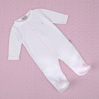 white luxury baby  sleepsuit with a fawn logo and pink picot edging 