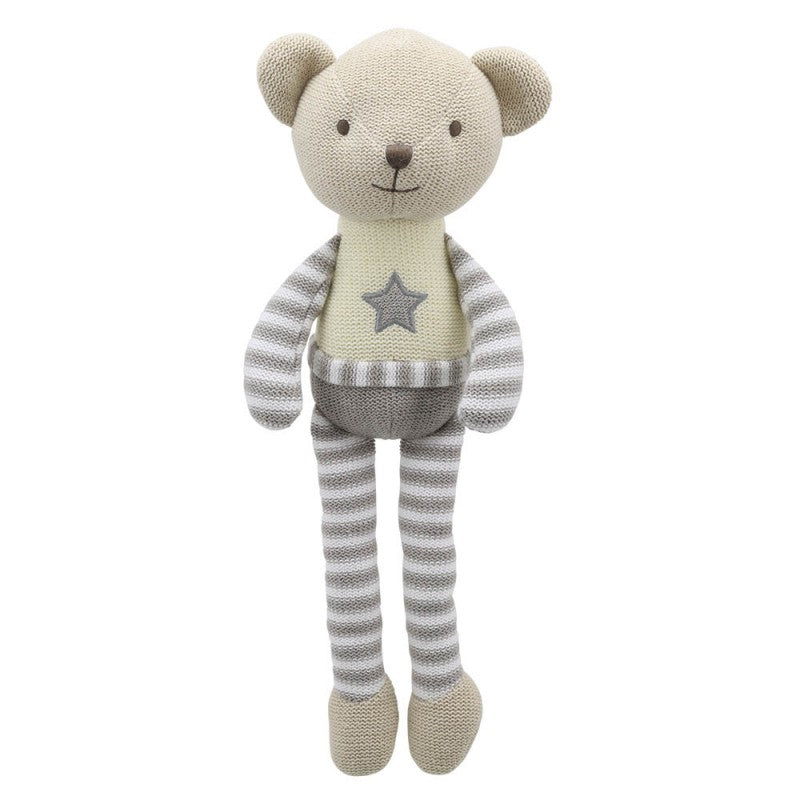 Cream knitted teddy bear with a cream and grey jumper with a star