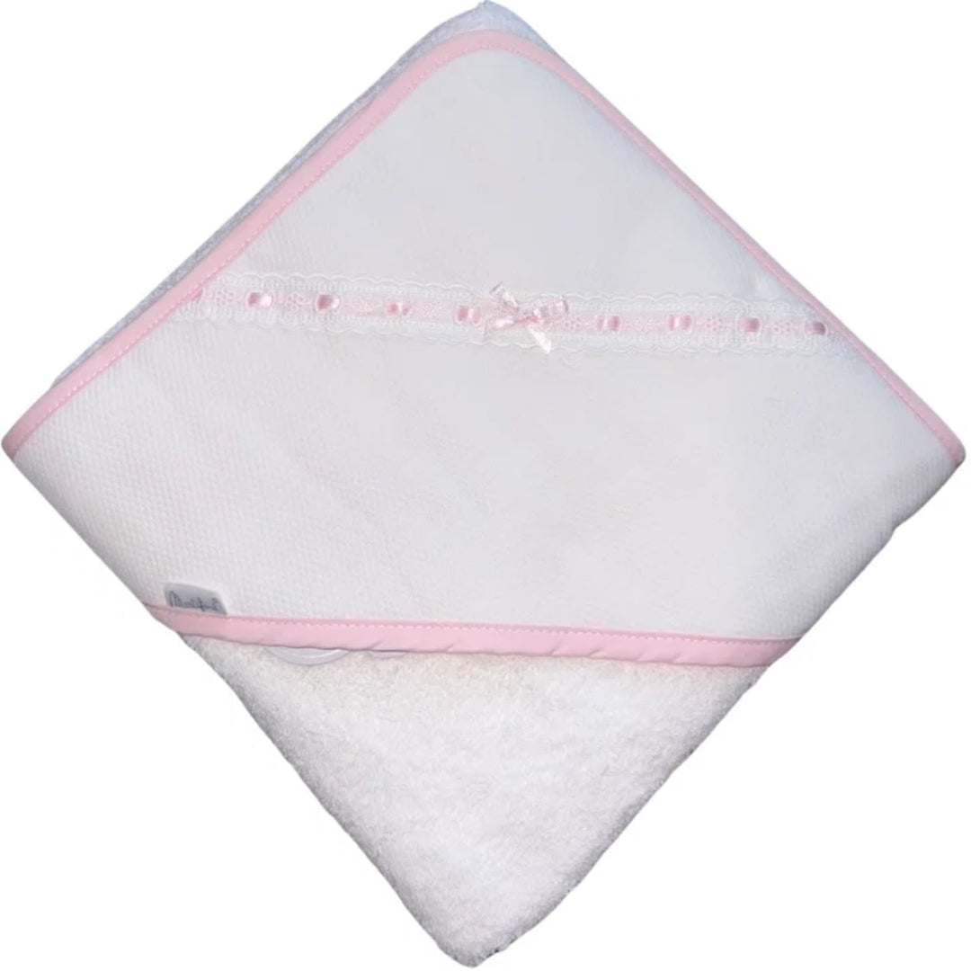 white hooded towel with ribbon trim