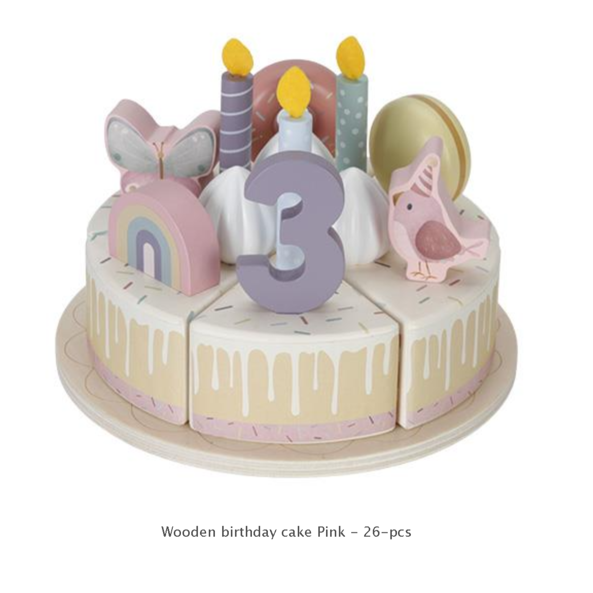 wooden birthday vcake with rainbows, robins, butterflies, donughts and macaroons to decorate , wooden numbers 1-5 and birthday candles