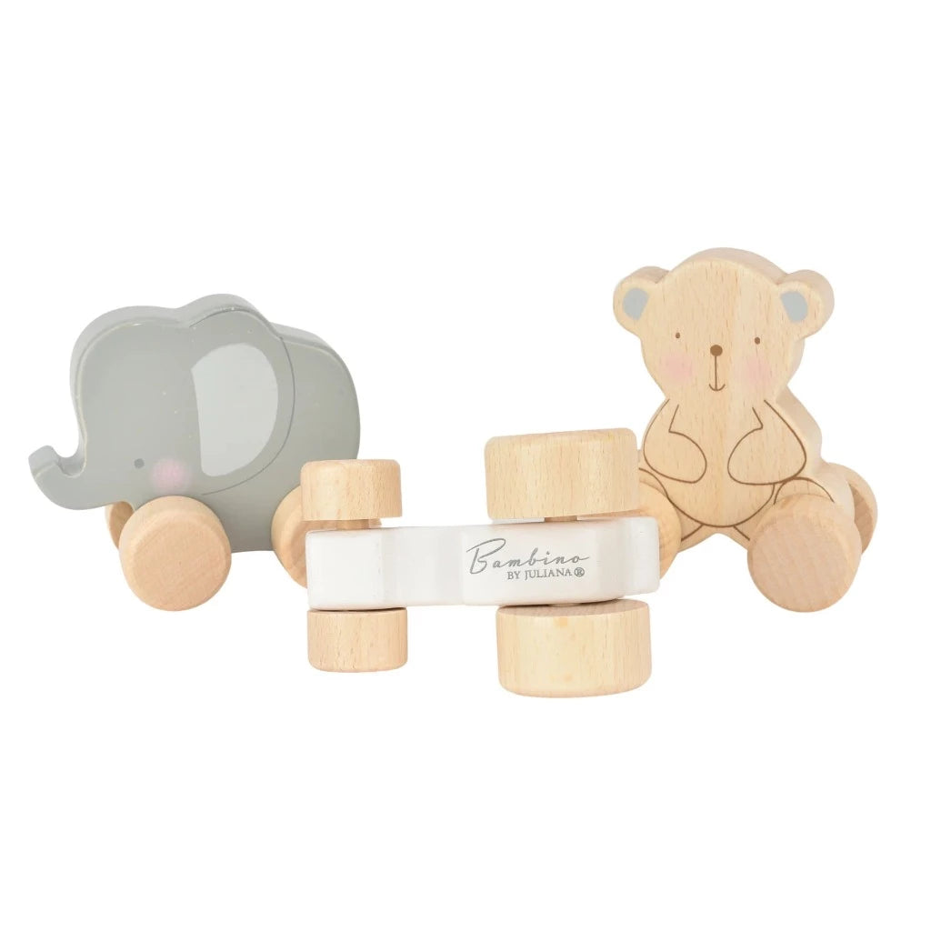 wooden toy on wheels, rabbit , teddy and grey elephant