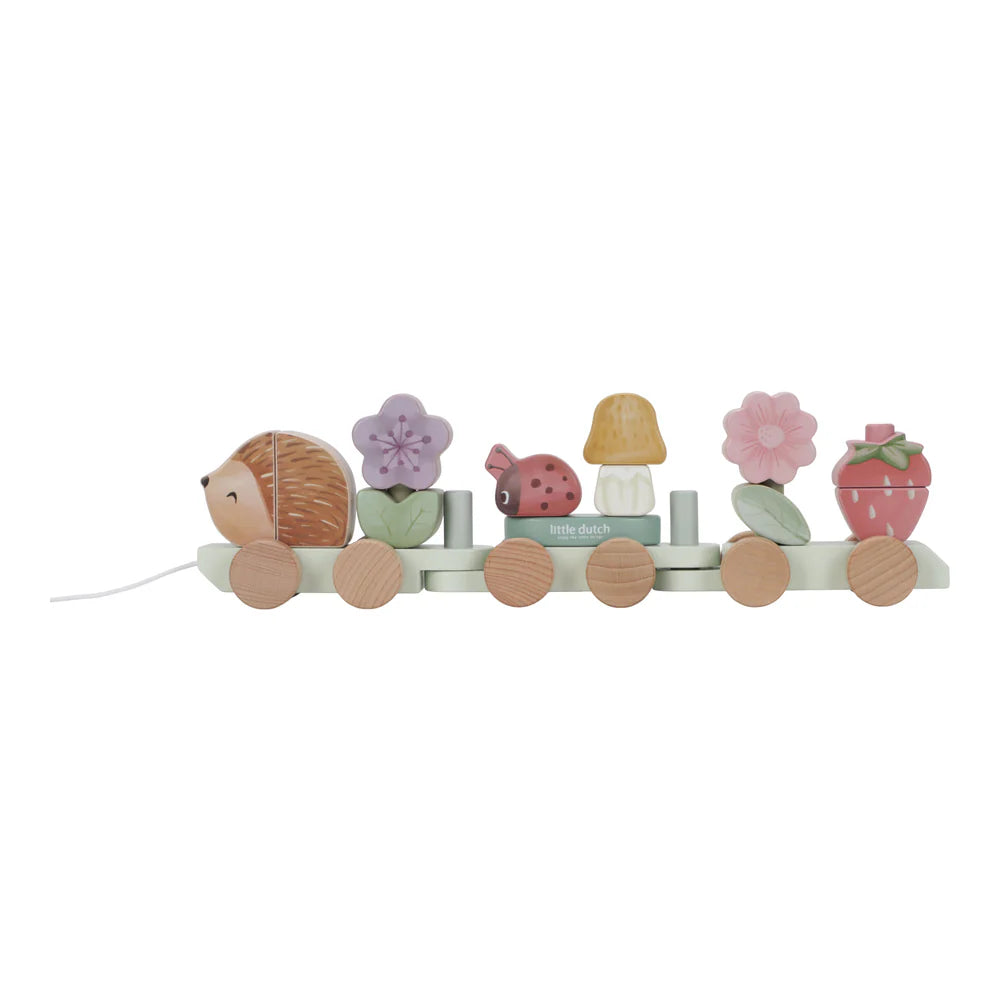 wooden pull along train stacking train with a hedgehog, flowers, ladybird, mushroom and strawberry