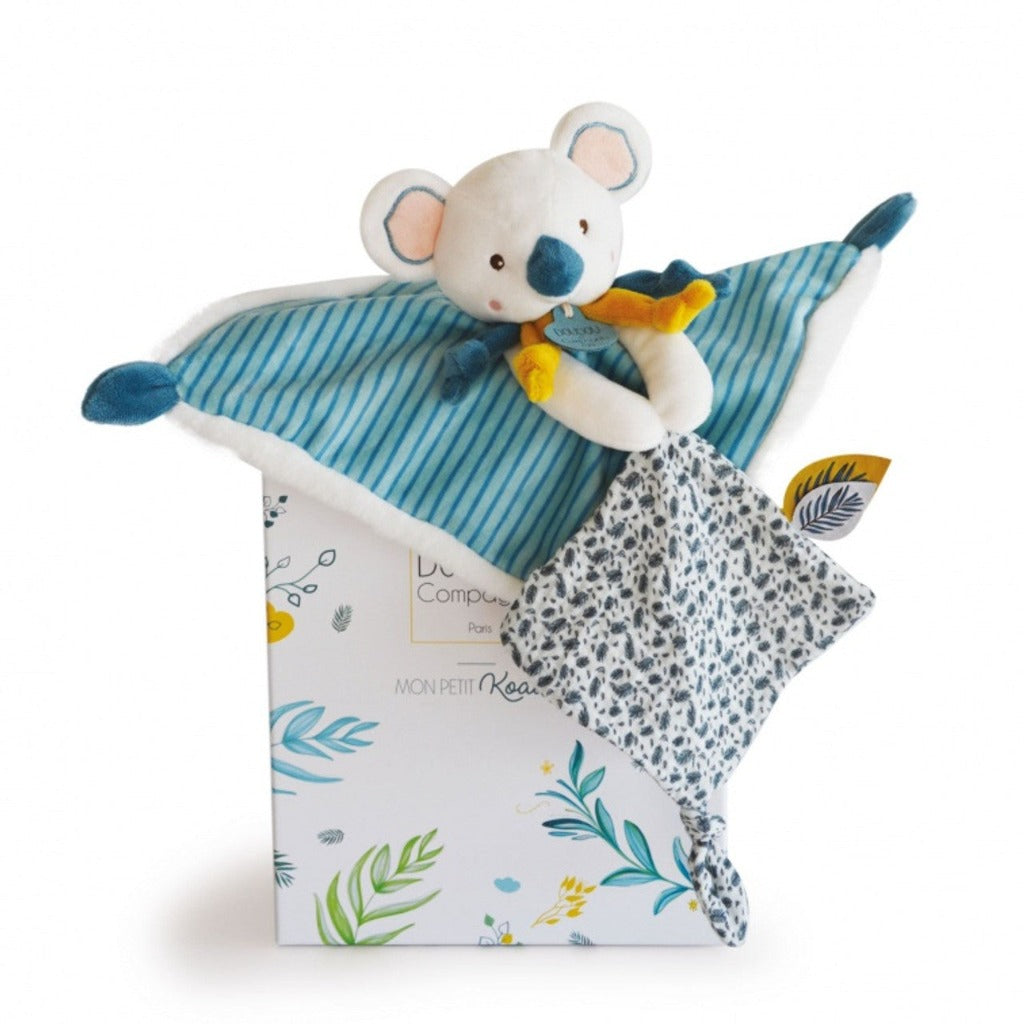 Koala comforter in lovely tones of turquoise and white beautifully boxed ready to gift