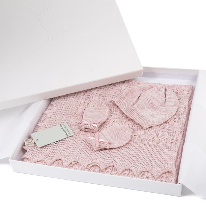 Pink marl paw wool baby shawl, mittens with a bow and a hat in a white luxury gift box by G H Hurt