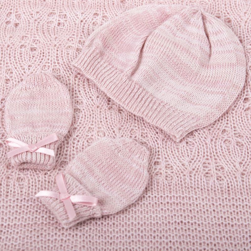 Pink marl paw wool baby shawl, mittens with a bow and a hat in a white luxury gift box by G H Hurt