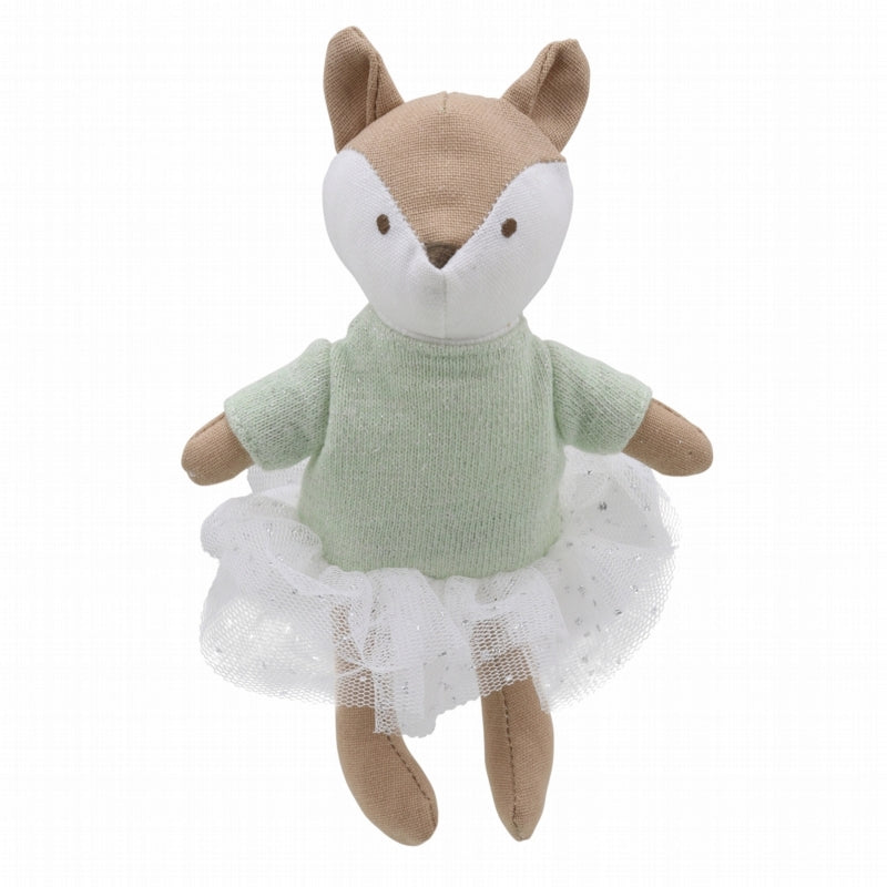 Wilberry collectables fox toy with a brown and white face in a green jumper with a white tutu