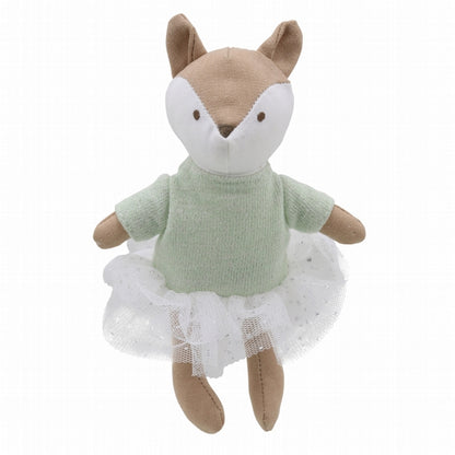 Wilberry collectables fox toy with a brown and white face in a green jumper with a white tutu