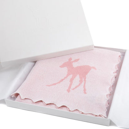 soft baby girl pink shawl , 100% merino wool with a fawn design in a white embossed box ready to gift