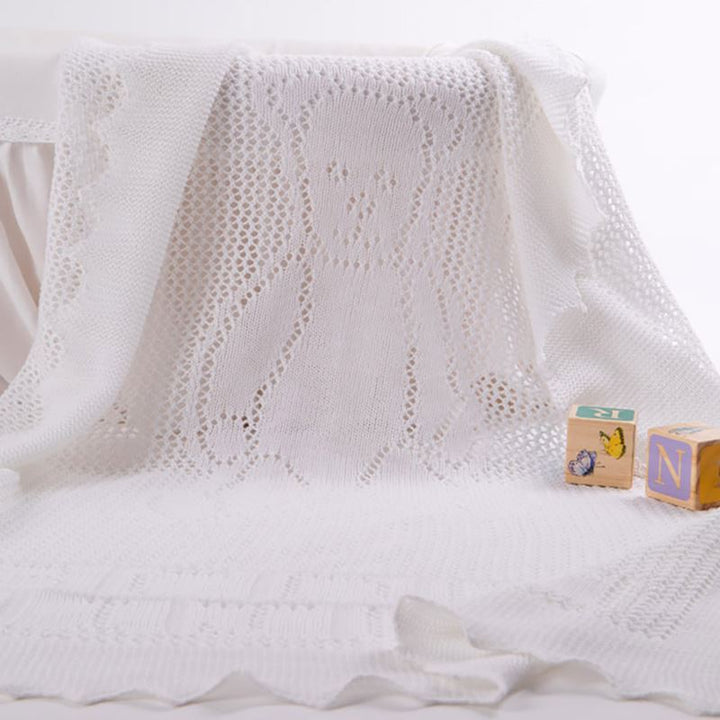 Teddy bear white lacy blanket with alphabet