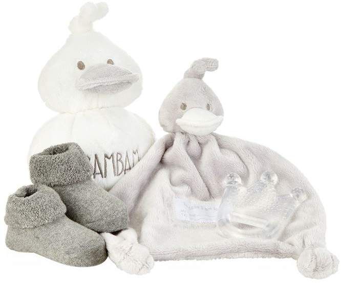 Grey and white boxed baby gift, babu soft duck, baby duck comforter in grey, baby socks , start teether