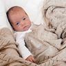 Cotton Lace baby shawl with scalloped edges in neutral porridge colour by G H Hurt