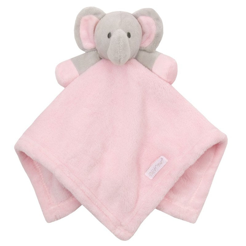Pink baby comforter with grey and pink elephant head 