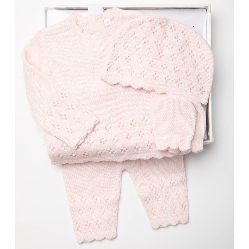 Pink knit baby set with lacy detail, includes a baby jumper in pale pink with lacy design, matching baby mittens, baby leggings and hat