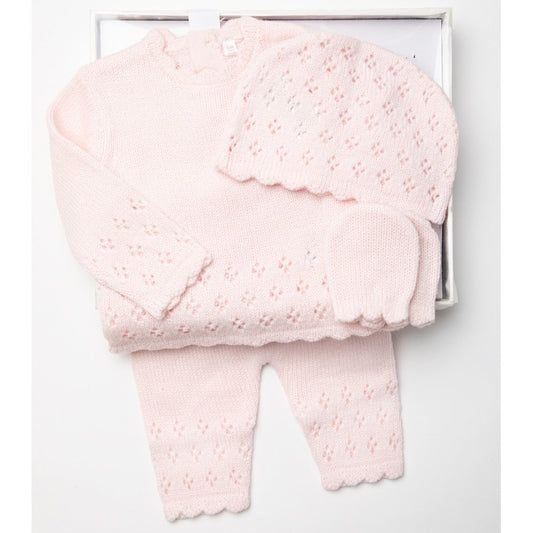 Pink knit baby set with lacy detail, includes a baby jumper in pale pink with lacy design, matching baby mittens, baby leggings and hat