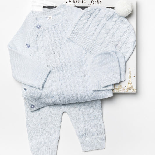 Baby knit set in blue with cable design, includes a baby cable knit jumper with matching leggings, mittens and a hat with a pom pom