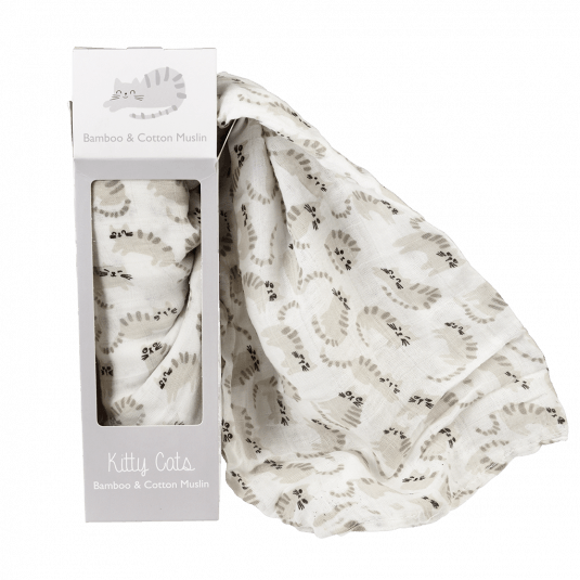 white with grey cats swaddling blanket in a box