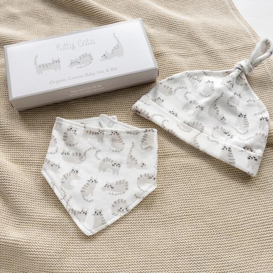 White and grey kitty cat  knotted baby hat and bib set in 100% organic cotton with a gift box