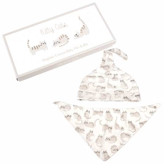 White and grey kitty cat knotted baby hat and bib set in 100% organic cotton with a gift box