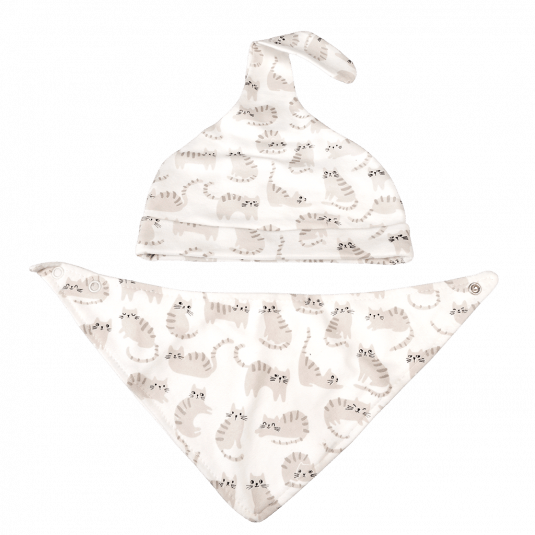 White and grey kitty knotted baby hat and bib set in 100% organic cotton with a gift box