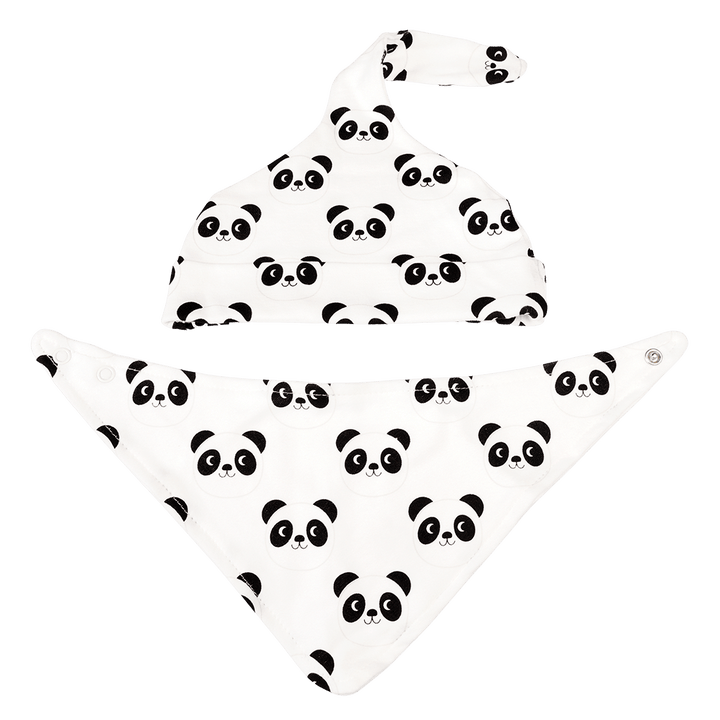 Cute organic cotton black and white baby panda themed baby hat and bib