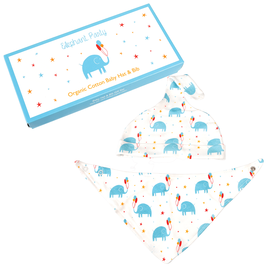 White Organic cotton knot baby hat and bib set with blue elephants in a box