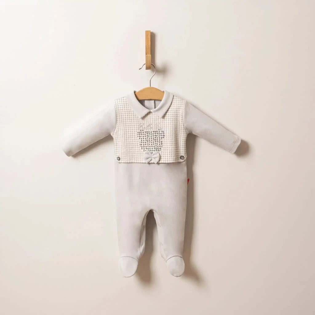 Beige spanish style baby romper with a collar and dog tooth print bib with a teddy design, bow tie 