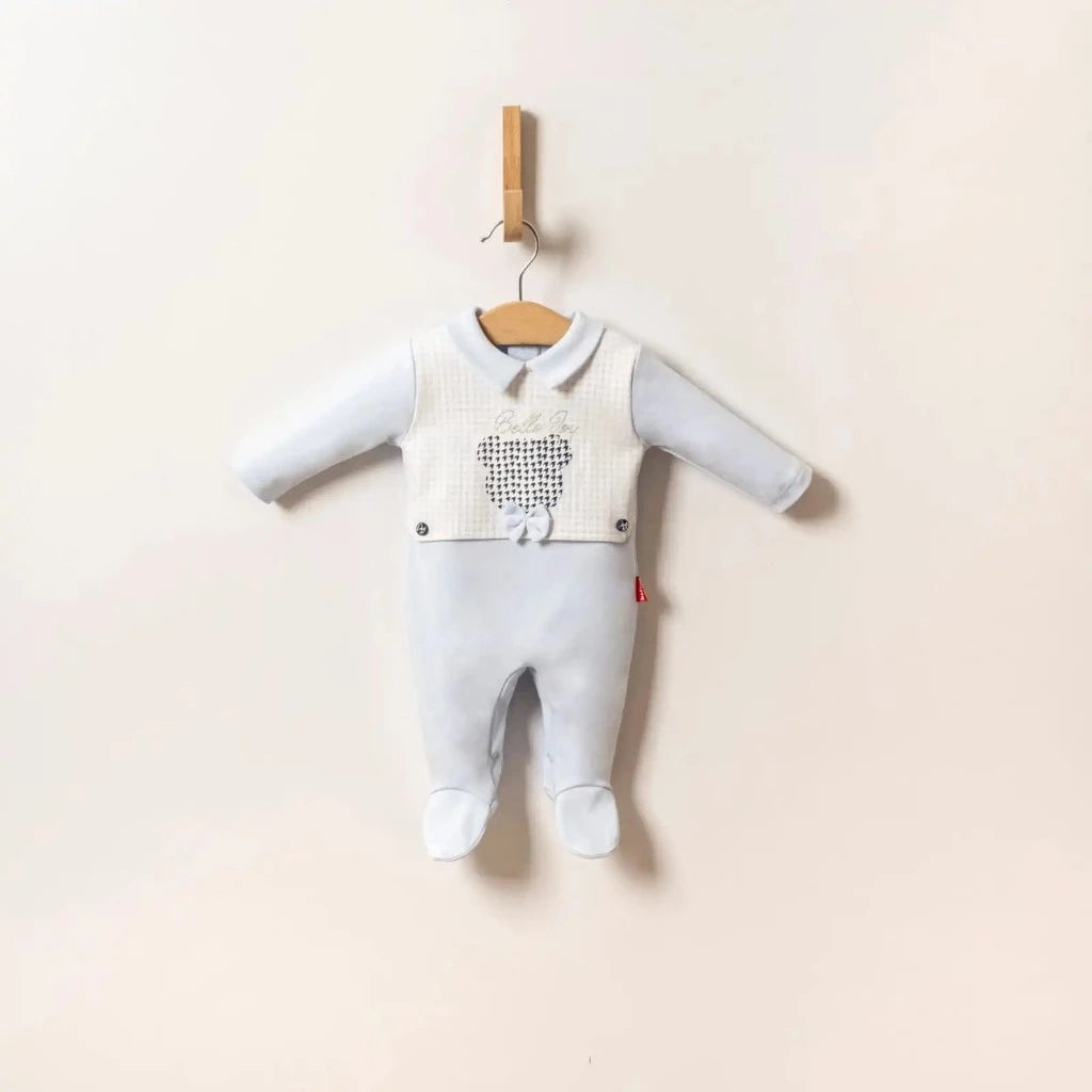 Luxury baby boy sleepsuit in pale blue with white dog tooth design on the bib and a  teddy design with a bow, pale blue collar and long sleeves 