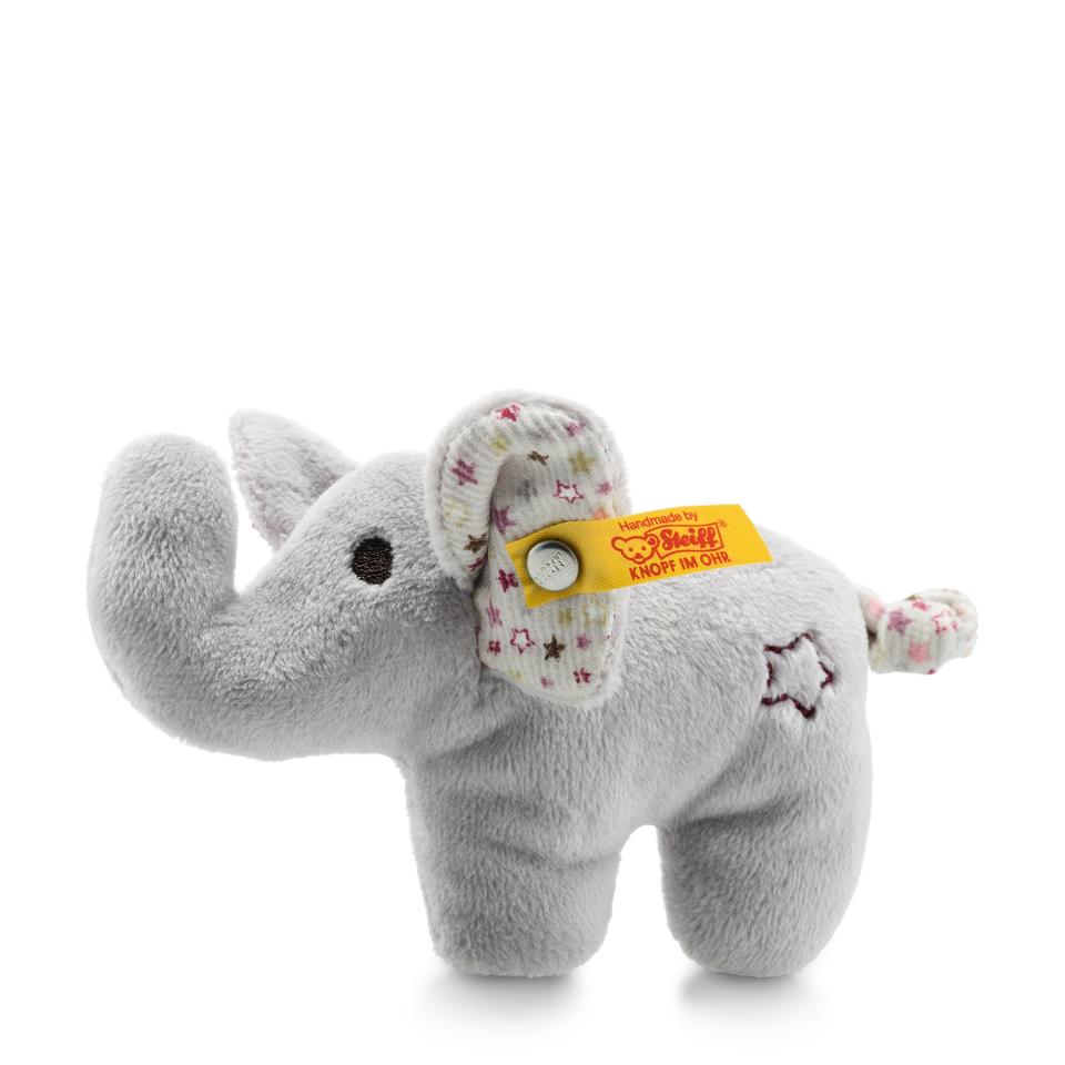 Small grey elephant with crinkle ears and a rattle inside by Steiff
