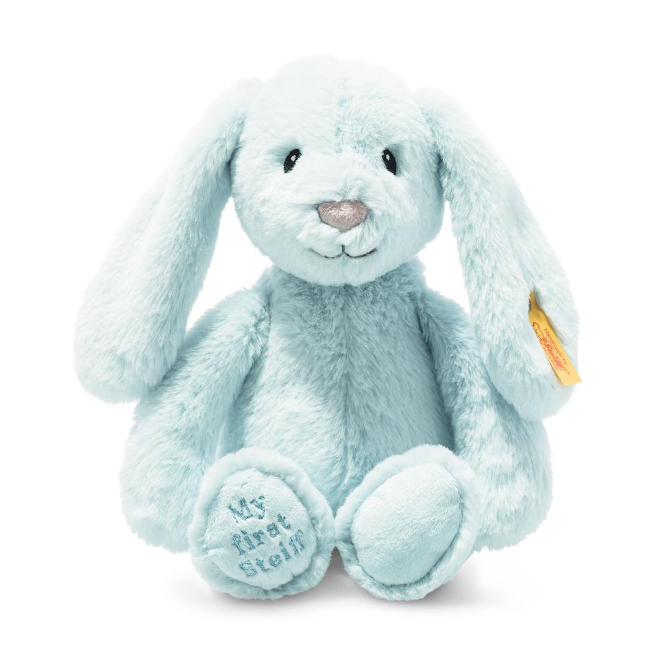 Steiff button in the ear soft blue rabbit with floppy ears and My first Steiff embroidered on the foot 