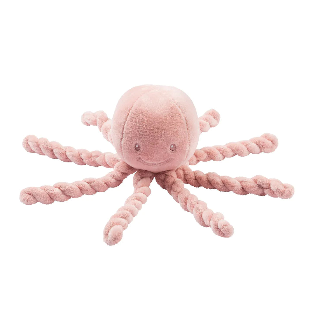 Pink octopus soft toy with twisted tentacles which simulate the placental cord 