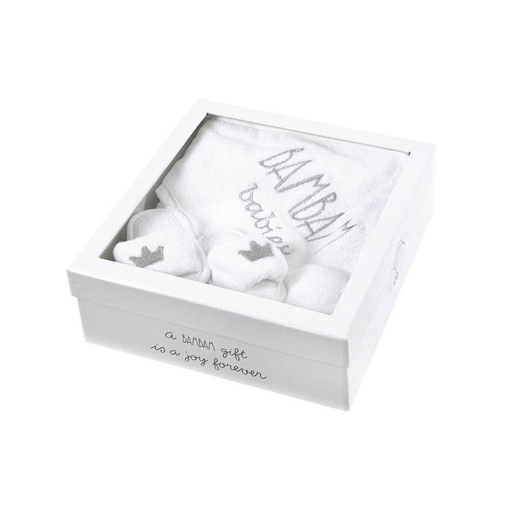 White towelling baby dressing gown and matching slippers with silver crown embroidery all in a luxury gift box