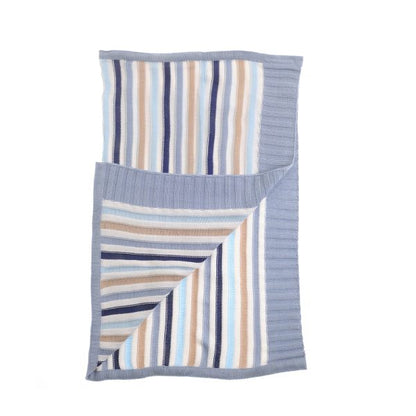 Heavy baby blwnket, in blue , white and cream stripes 