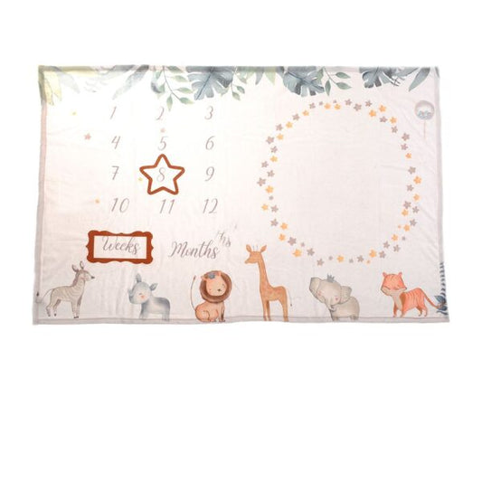 Milestone animal baby blanket in white with the months and colourful animals 