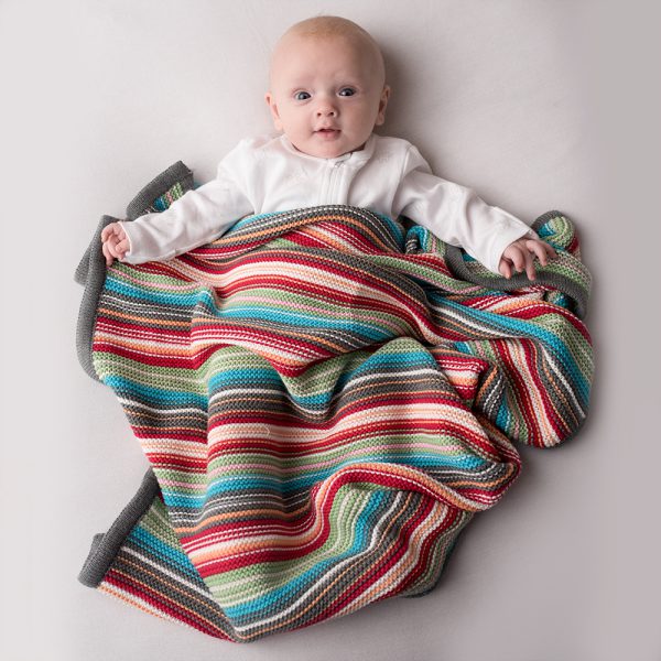 Colourful Stripe Knitted Baby Blanket, Pram Blanket,  Cot Blanket, Toddler Blanket