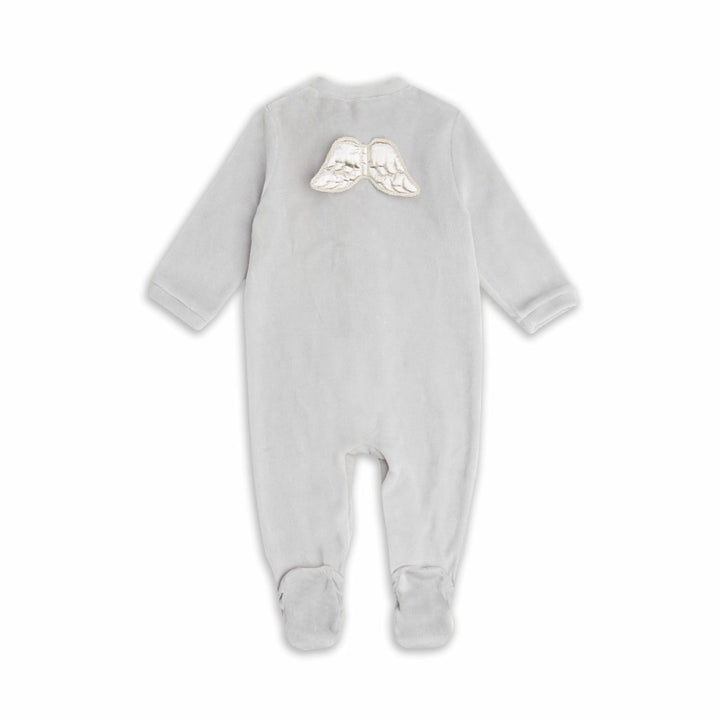 Luxury designer Marie Chantal velour baby sleepsuit with silver angel wings 