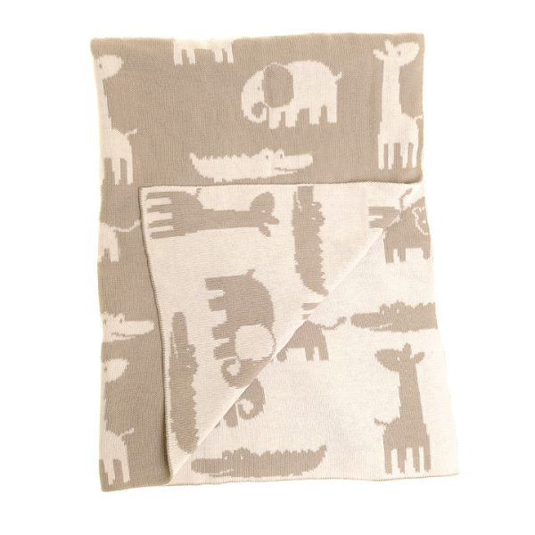 Grey and white baby blanket, reversible with animal design