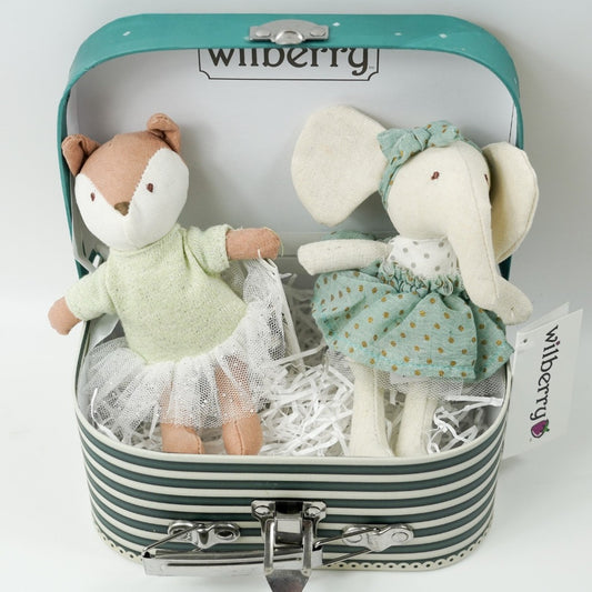 Childs gift case with a fox in a green top and tutu and an elephant soft toy dressed in a green skirt with a headband by Wilberry toys