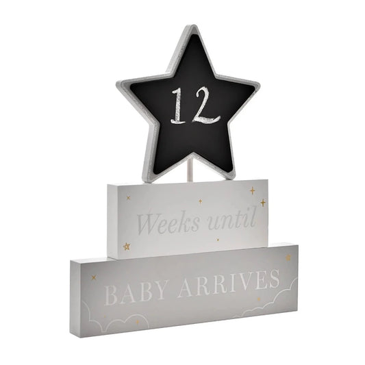 Chalkboard  star  on a plaque with Weeks until baby arrives , countdown pregnancy plaque