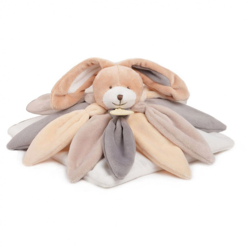 rabbit comforter with taupe, cream and beige 