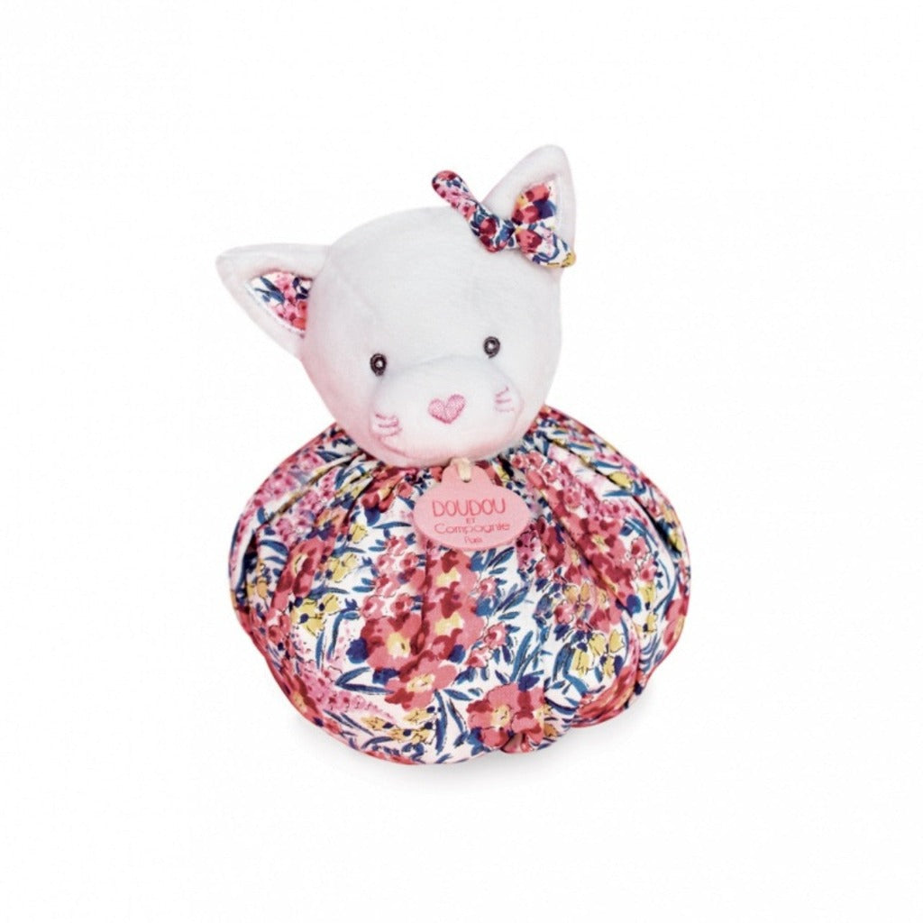 Soft pink baby comforter in pink velour lined with floral pattern, knot corners and a floral ruffle around the neck, white soft cat head, this transforms into a baby ball