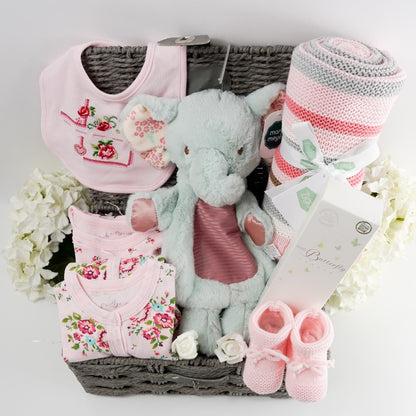 Grey hamper basket, baby girl pink floral baby clothing set, Little but fierce elephant lovey, pink baby booties, pink and white luxury baby blanket