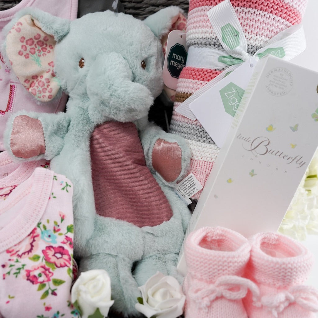Grey hamper basket, baby girl pink floral baby clothing set, Little but fierce elephant lovey, pink baby booties, pink and white luxury baby blanket, organic baby toiletries by Little Butterfly London